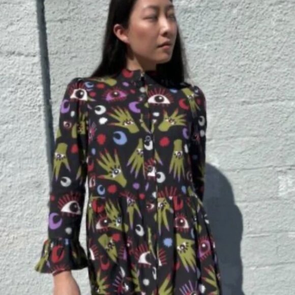 Nooworks Olive Dress Long Sleeve Button-Down Maxi Length Witchy Ways Size Large - Picture 2 of 13